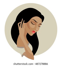 Vector illustration. Beautiful deep in thought girl with long black hair