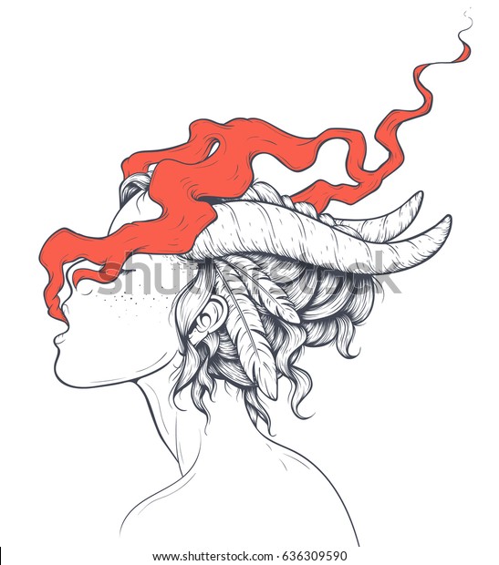 髪に羽を持つ美しい魔女のベクターイラスト 角と部族の髪型をした喫煙の謎の若い女性 セクシーな女性のポートレートの側面図のスケッチスタイルのベクター画像アート のベクター画像素材 ロイヤリティフリー