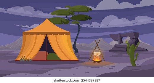 Vector illustration of a beautiful desert landscape with a tent.Cartoon scene of a night desert view with a cozy tent, rocks, mountains, a cauldron on a fire, a tree, a cactus, plants, stones,shadows.