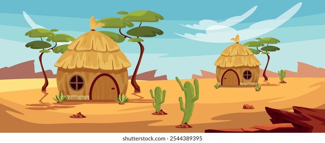 Ilustração vetorial de uma bela paisagem desértica com cabanas. Desenho animado cena do deserto com cabanas, portas, janelas, árvores verdes, cactos, plantas, pedras, rochas, céu azul com nuvens brancas.Bungalows tropicais.