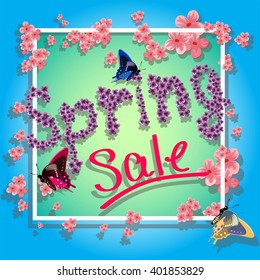 Vector illustration. Beautiful design seasonal spring sales. blooming lilacs and butterflies.