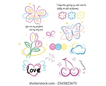 Vector illustration, beautiful designs with decorative objects, rainbows and butterflies. Design for printing on shirt, poster, banner. Lovely print for t-shirt