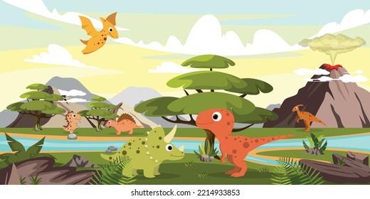 Ilustración vectorial de hermosos dinosaurios en el bosque. Paisaje forestal de dibujos animados con dinosaurios prehistóricos de diferentes tipos contra el telón de fondo de las montañas y un volcán en erupción.