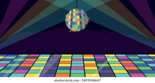 Vektorillustration einer wunderschönen Disco-Tanzfläche. Cartoon-Szene einer hellen Tanzfläche mit einer hängenden Disco-Schicht, Lichtstrahlen. Eine lustige Party in einem Club oder einer Bar mit Tanz und lustiger Musik.