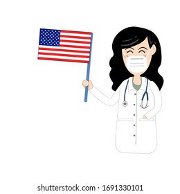 Vector illustration of a beautiful doctor is showing the Flag of USA in her hand. A happy women cheer up for American  isolated on white background.