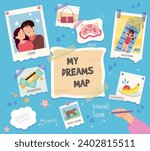 Vector illustration of a beautiful dream map. Cartoon wish map with images of dreams: love, new handbag, relax, vacation, business, achievement, healthy food, pet isolated on blue background.