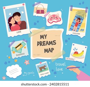 Vector illustration of a beautiful dream map. Cartoon wish map with images of dreams: love, new handbag, relax, vacation, business, achievement, healthy food, pet isolated on blue background.