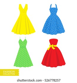 Vector illustration of a beautiful dress. Flat dress icon. Set of vintage dresses. svg