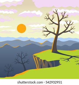 Vector illustration of a beautiful early spring sunset landscape made in cartoon flat style. Nature background. View, mountains, horizon, trees, sky, clouds