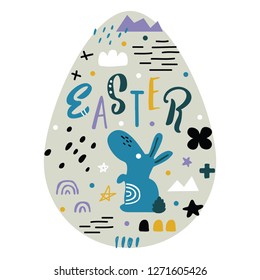 vector illustration of beautiful Easter egg print in Scandinavian style,with ornate funny lettering and cute characters,objects