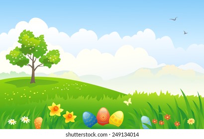 Vector illustration of a beautiful Easter scenic background with decorated eggs in the grass