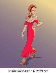 Vector illustration of beautiful Egyptian Arab woman in red oriental dress