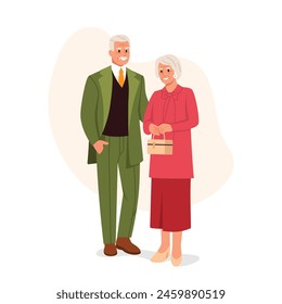 Ilustración vectorial de una hermosa pareja de ancianos. Escena de dibujos animados de hombre y mujer mayores grises sonrientes en ropa elegante: traje verde con corbata, chaleco, falda, blusa larga con lazo, bolso, pendientes.