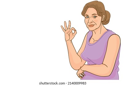 Ilustración vectorial de la bella anciana haciendo bien el signo con los dedos, sosteniendo gafas, mujer menopáusica, gestando un excelente símbolo, aislado en blanco, cuidado de la salud, desequilibrio hormonal en la señora mayor.