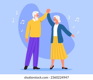 Vector illustration of a beautiful elderly man and woman couple isolated on a white background. Cartoon scene with an elderly, gray-haired smiling man and woman dancing to music.