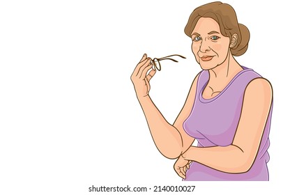 Vector illustration of beautiful elderly woman holding glasses,taking off glasses,mature adult post menopause woman,isolated on white,Health care in middle-aged adults,hormonal imbalance in older lady