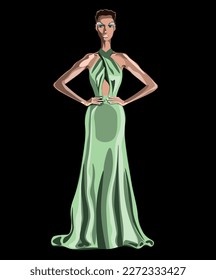 vector illustration of a beautiful elegant African American model in long light green satin evening dress isolated on the black background.
