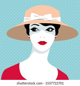 Vector illustration of beautiful elegant woman wearing big hat with white bow and red dress against dotted background in retro style