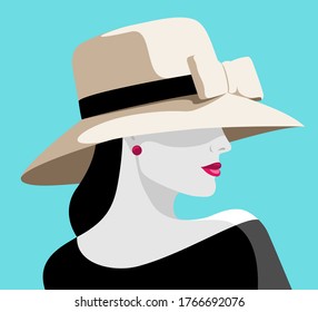 Ilustración vectorial de una bella mujer elegante que usa un gran sombrero beige con banda negra y vestido negro contra fondo azul del cielo, mirando hacia atrás sobre su hombro