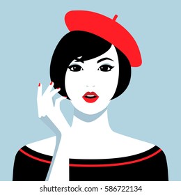 Vector illustration of beautiful elegant young girl wearing red barret