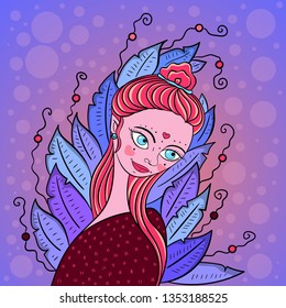 Vector illustration beautiful elf girl with pink hair in a cartoon style on a background of plants. greeting card