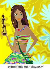 Vector illustration of beautiful ethnic girl with arabic souvenir in her hand