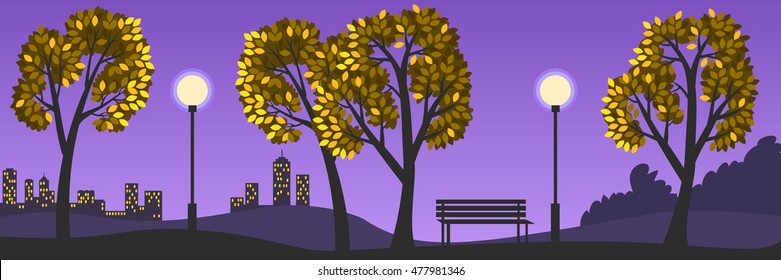 Vector illustration of a beautiful evening autumn landscape. Park alley with trees, bench, streetlights, silhouettes of buildings in the background, yellow leaves