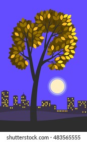Vector illustration of a beautiful evening autumn landscape. tree, full moon, silhouettes of buildings in the background, yellow leaves.