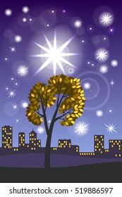 Vector illustration of a beautiful evening autumn landscape. tree, night sky with shining stars, silhouettes of buildings in the background, yellow leaves. Transparency sparkle light effect 