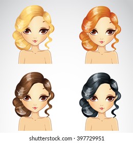 Vector illustration of beautiful evening curly hair set in four colors