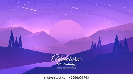 Vector illustration. Beautiful evening landscape with forest and mountains. River with hills. Starry sky with planet.