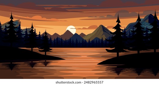 Vector illustration of a beautiful evening landscape with sunset. Cartoon scenes of the river, dark silhouettes of Christmas trees on the shore, reflections in the water, mountains, a bright sunset.