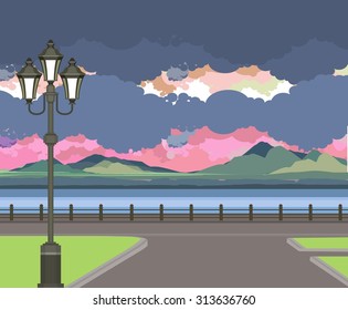 vector illustration Beautiful evening landscape on the river pier