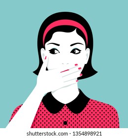 Vector illustration of beautiful excited young woman covering her mouth by her hand