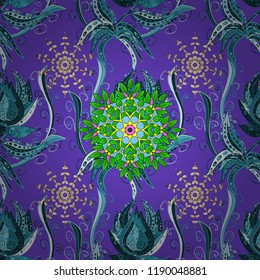 Vector illustration. Beautiful fabric pattern. On violet, blue and green colors. Seamless Floral Pattern in Vector illustration.