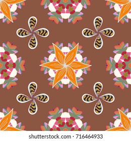 Vector illustration. Beautiful fabric pattern. On brown, neutral and orange colors. Seamless Floral Pattern in Vector illustration.