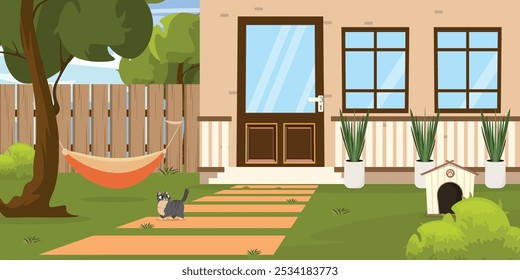 Ilustración vectorial de una hermosa fachada de una casa acogedora. Escena de dibujos animados de una casa de pueblo con puertas, ventanas, macetas, una casa para una mascota, un camino, un gato, una hamaca, árboles, arbustos, una valla.