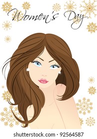 Vector illustration of a beautiful face of a blue eyes girl on abstract background for Women's Day.