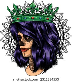vector illustration of beautiful face woman with crown