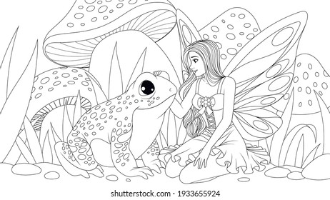 Vector illustration, a beautiful fairy stroking a frog in a meadow of flowers with mushrooms, coloring book