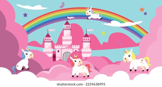 Vector illustration of a beautiful fairytale world with unicorns. Cartoon cute, sunny landscape with blue sky and clouds, stars, rainbow, butterflies, castle in the air and unicorns in pink clouds. 