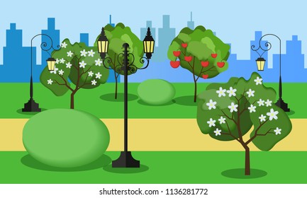 Vector illustration of a beautiful fall city park with bright blooming trees