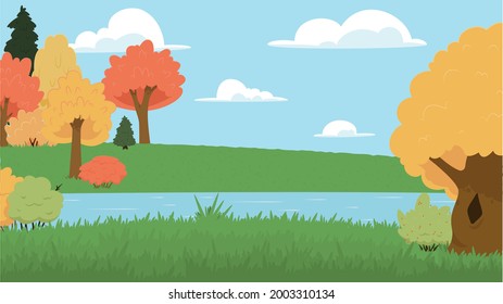 Vector illustration of a beautiful fall city park with bright foliage trees