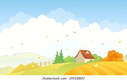 Vector illustration of a beautiful fall countryside landscape with a small house