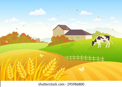 Vector illustration of a beautiful fall countryside scene with a grazing cow and wheat fields