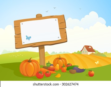 Vector illustration of a beautiful fall harvest and Thanksgiving landscape with a wooden signboard