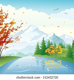 Vector illustration of a beautiful fall lake and forest on a windy day