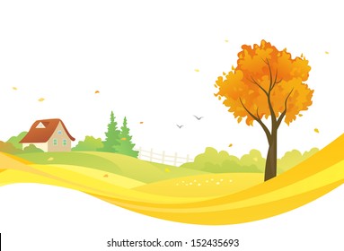 Vector illustration of a beautiful fall landscape on a wavy background, isolated on white