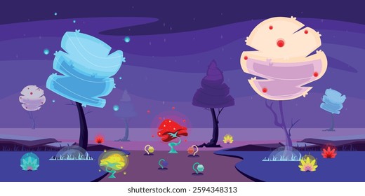 Vector illustration of beautiful fantasy alien landscape.Cartoon scene fairytale night landscape with magical glowing trees and curved trunks, branches, plants, flowers, grass,stones,road,starry sky.