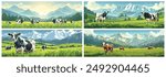 Vector Illustration of a Beautiful Farm Landscape with Cows and Mountains, Farm in the Background. The Grassy Field Shines Green